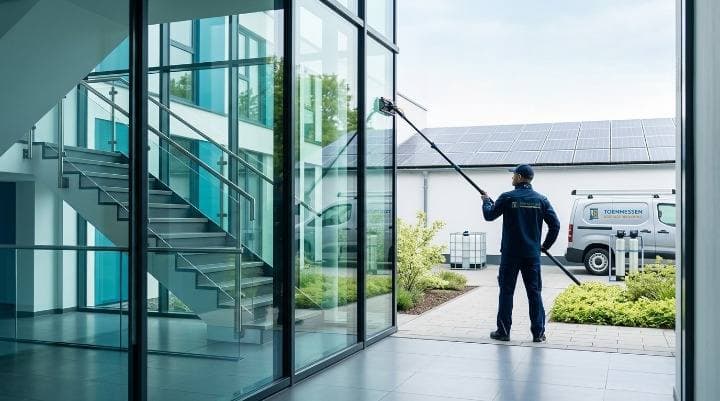 Fensterreinigung Neuss – Toennessen Mitarbeiter reinigt Glasfassade mit Teleskopstange