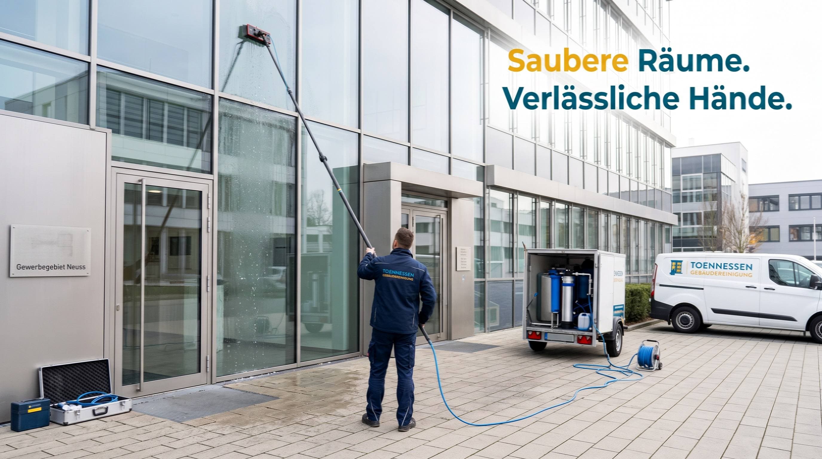 Glasfassadenreinigung Neuss Gewerbegebiet – Toennessen Mitarbeiter mit Teleskopstange und Osmose-Anlage