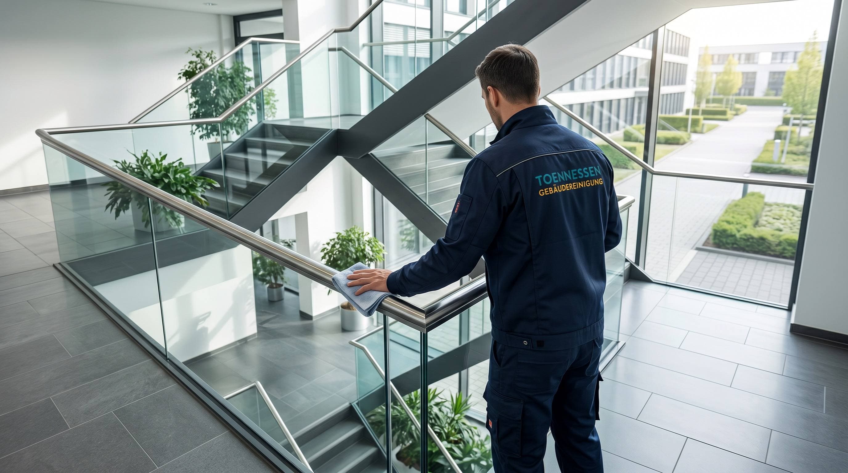 Toennessen Gebäudereinigung Neuss - Mitarbeiter reinigt Glasgeländer im Treppenhaus